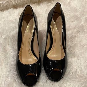 Cole Haan Black Patent Leather Peep-Toe Platform .